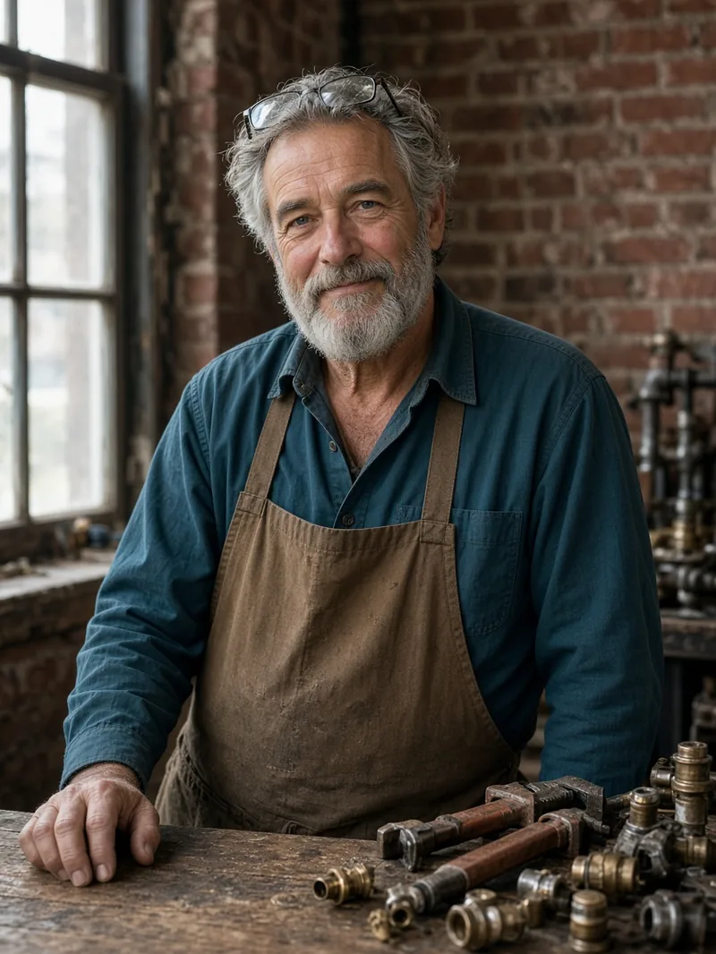 Smiling older technician in a work apron at a bench of brass fittings.