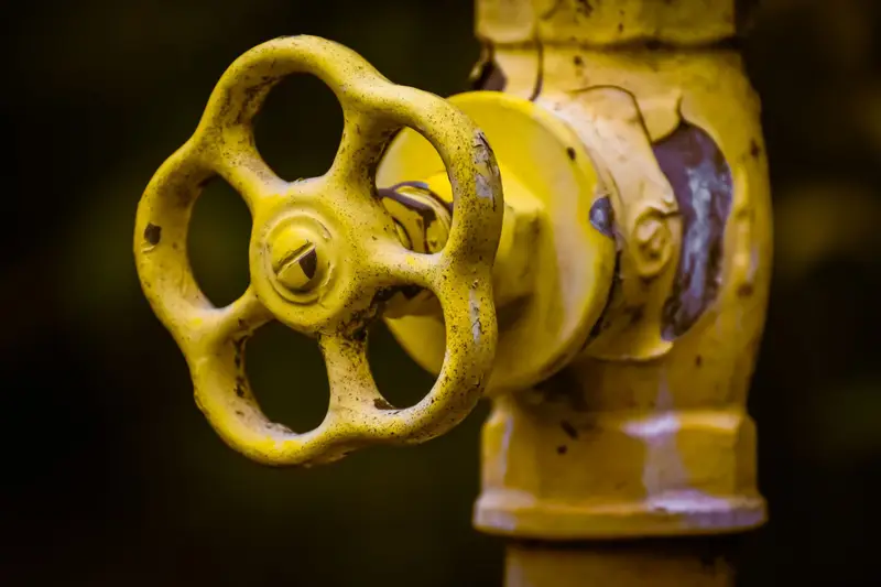 Yellow shut-off valve handwheel on a water line.